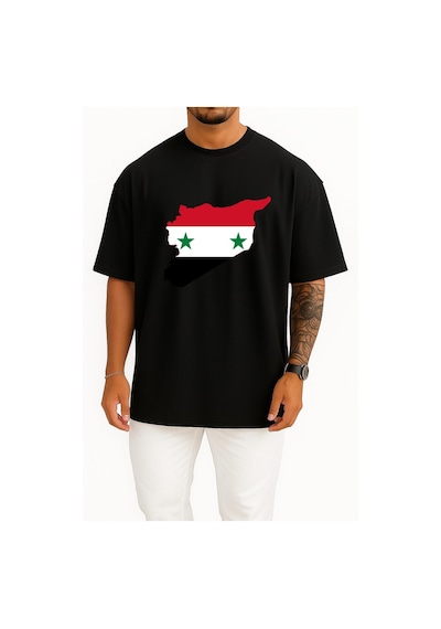 Bahriyeli Collection Oversize Suriye Bayrağı Haritası Göğüs Tasarımlı Unisex T-shirt Siyah