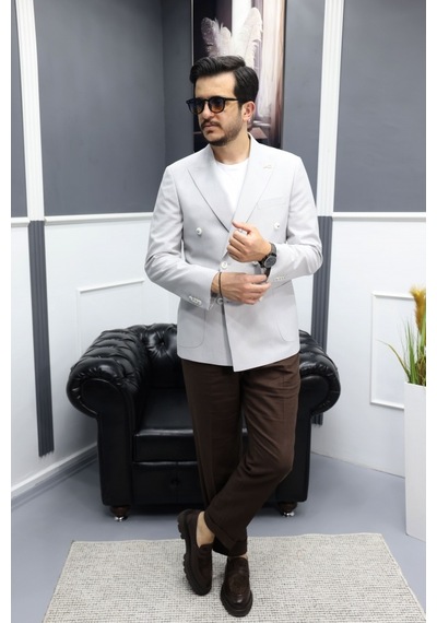 Avni Ceylan Verde Dokulu Gofre Kumaş İtalyan Stil Slim Fit Kruvaze Erkek Ceket Gri