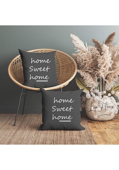 Çift Taraflı Home Sweet Home Yazılı Dekoratif 2'li Kırlent Kılıfı Seti
