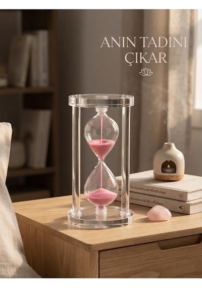 Özel Tasarım Standlı Ev Ofis Lüks Masa Üstü Dekorasyonu Şeffaf Cam Pembe Kum Saati 10 Dakikalık 14cm Çok Renkli