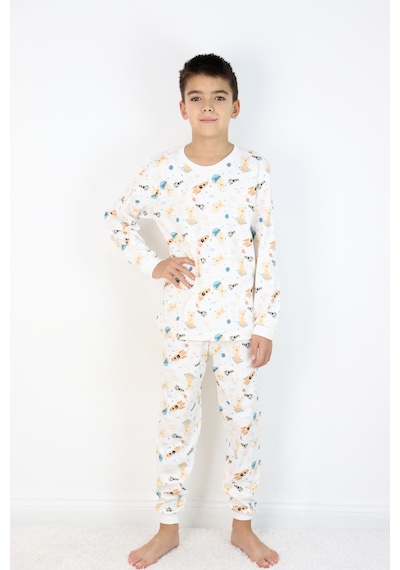 Harika Kids Erkek Çocuk Baskılı İnterlok Kumaş Uzun Kollu Pijama Takımı Beyaz - Gri
