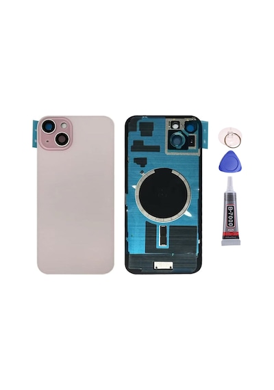 Apple Uyumlu iPhone 15 Plus Pembe Full Nfc Ve Demirli Arka Kapak Batarya Kapağı Pil Kapağı Yapışkan Ve Sökme Aparatıyla Beraber Full Set Pembe
