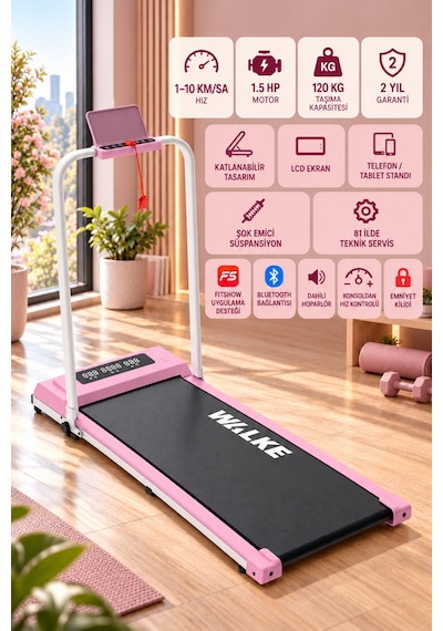 Walke W-fit Plus Koşu Bandı Pembe Dahili Hoparlörlü Hız Kontrollü Uygulamalı