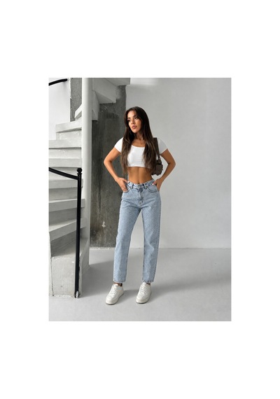 Bluemarlin Buz Kar Yüksek Bel Ön Bacak Taşlı Mom Jeans Kot Pantolon Buz Kar