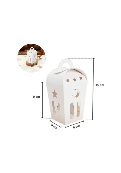 Ramazan Temalı Dekoratif Beyaz Fener Kutusu, Ay Yıldız Kesim Hediyelik Kutu Seti, 6x9 Cm - 12 Adet