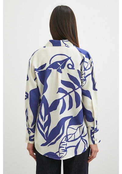 Never More Flamlı Desenli V Yaka Gömlek Mavi