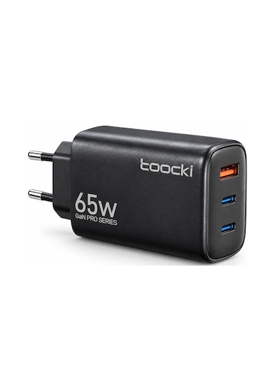 Toocki 65w Gan Pro 3 Portlu Hızlı Şarj Adaptörü 2 Usb-c Ve 1 Usb-a Pd 3.0 Pps Qc 3.0 Avrupa Tipi Fiş Siyah