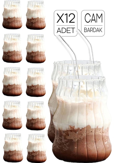 12'li Sukabağı Latte Pipetli Cam Bardak İskandinav Burgu Kahve Kokteyl 3 Katlı Sunum Bardağı 400ml Şeffaf