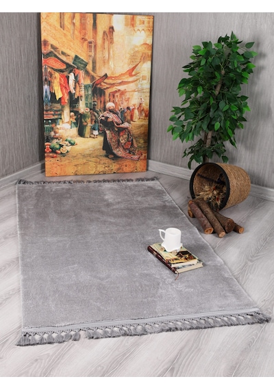 My Evilla Modern Dekoratif Örgü Saçaklı Simirna Peluş Halı Yolluk Açık Gri