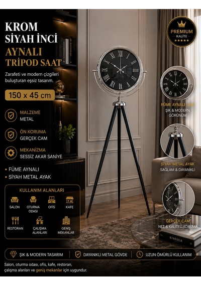 Krom Siyah İnci Aynalı Tripod 150 X 45 Cm Ayaklı Saat