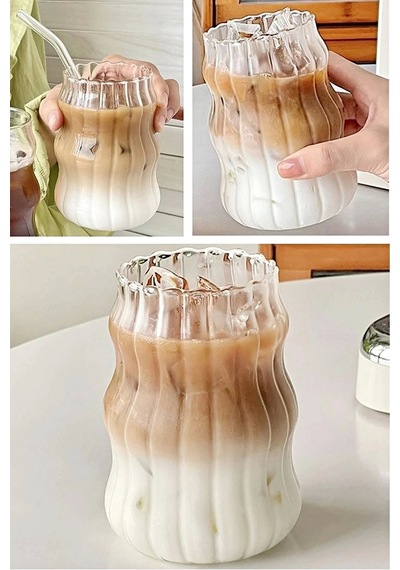 4'lü Sukabağı Latte Cam Pipetli Bardak Seti İskandinav Burgu Tarz Kahve Kokteyl Sunum Bardağı 400ml