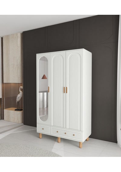 Mila 3 Kapaklı Çekmeceli Gardırop - Tamamı Mdf Beyaz