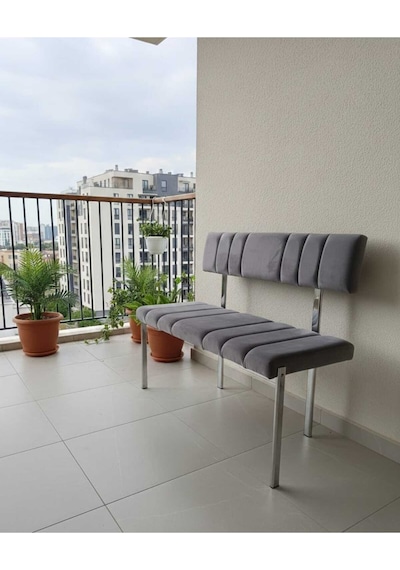 Özcan Metal Metal Krom Ayaklı Sırtlı Mutfak Salon Antre Yatak Odası Balkon Puf Bank Oturak Bench Gri
