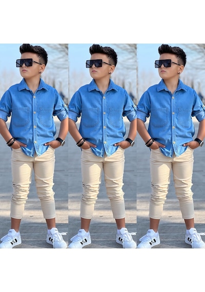 Modavals Tensel Denim Gömlek Gabardin Pantolon Erkek Çocuk Alt & Üst Takım Mavi