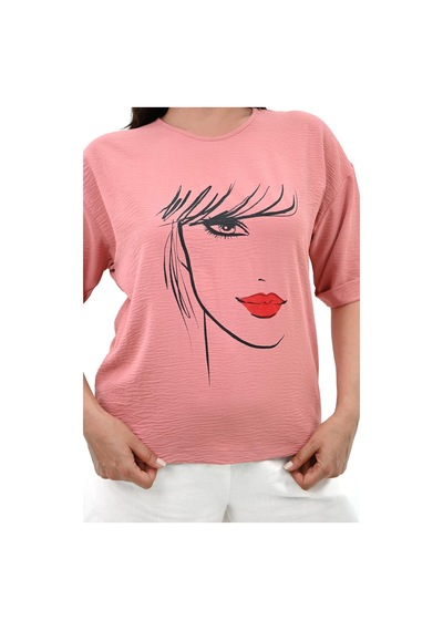 Kadın Büyük Beden Yüz Baskılı T-shirt 1788-25 001