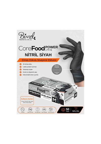 Corefood Nitril Siyah Eldiven Ekstra Kalın M Beden Power 3d Elmas Dokulu 1000 Adet Koli