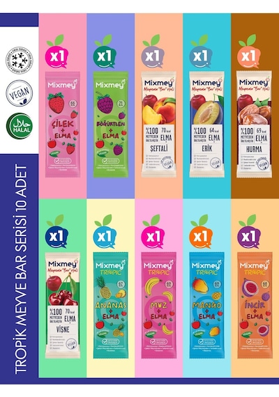 Mixmey Tropik Meyve Bar Serisi 10 Adet | Atıştırmalıklar – Vegan, Glutensiz (20GR X 10 ADET)