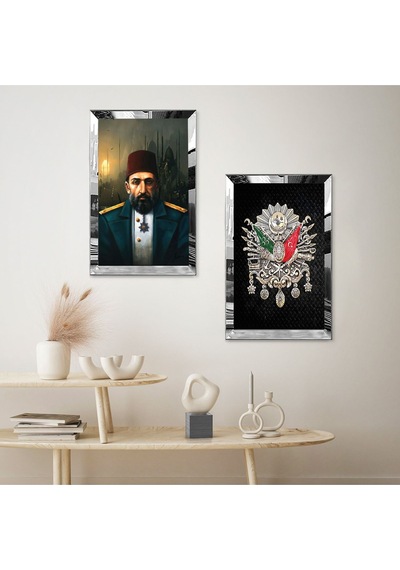 Gümüş Aynalı Pleksi Çerçeveli Padişah Abdülhamid Ve Osmanlı Tuğrası İkili Mdf Tablo Seti