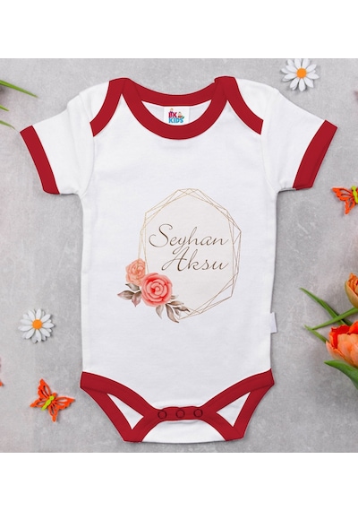 Bk Gift Bk Kids Kişiye Özel Çiçek Tasarımlı Kırmızı Bebek Body Zıbın-21 Çok Renkli