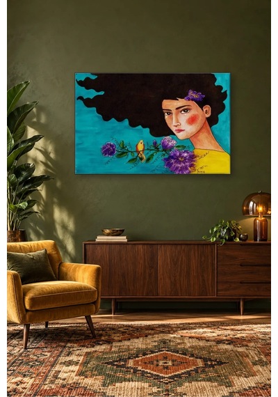 Fida Turkuaz Fonda Kuşlu Ve Çiçekli Kara Saçlı Kız Canvas Tablo Çok Renkli