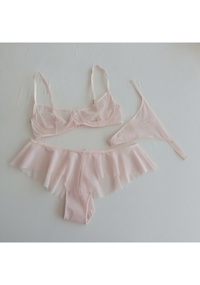 Bonbon Kadın Tül Transparan Balenli Sütyen, Checky Ve String Külotlu 3 Lü Paket Bb2618 Pembe