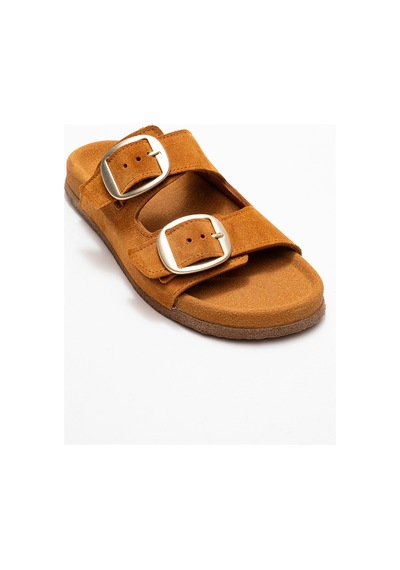 Luvishoes Luvi Shoes Ovesta Taba Süet Hakiki Deri Çift Bantlı Kadın Terlik Taba