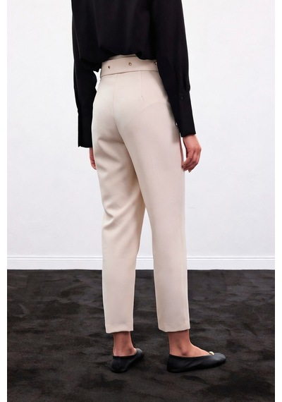 Sateen Kemerli Pantolon - Bej-136909 Bej