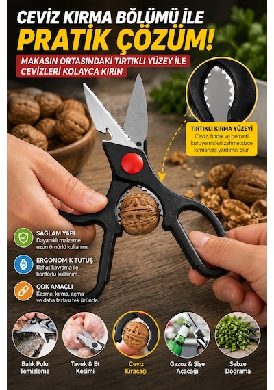 Çok Amaçlı Mutfak Makası Paslanmaz Çelik Tavuk Et Balık Sebze Ceviz Kıracağı Şişe Açacağı 21cm 3cr13