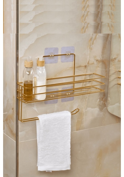 Parlak Altın Modern Banyo Rafı Yapışkanlı Duş Organizer Kağıt Havluluk