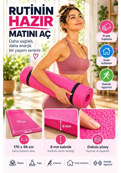 Pembe Pilates Yoga Matı Dokulu Egzersiz Fitness Minderi Evde Spor Ve Esneme Minderi 170x56 Cm 8 Mm Çok Renkli