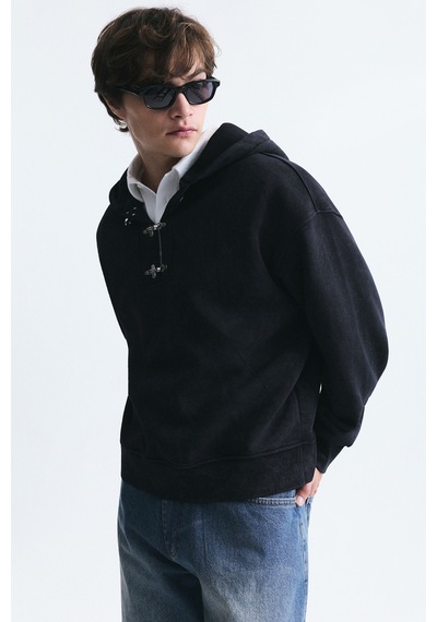 Vamos Boxy Fit Metal Klips Kapama Sweatshirt Siyah