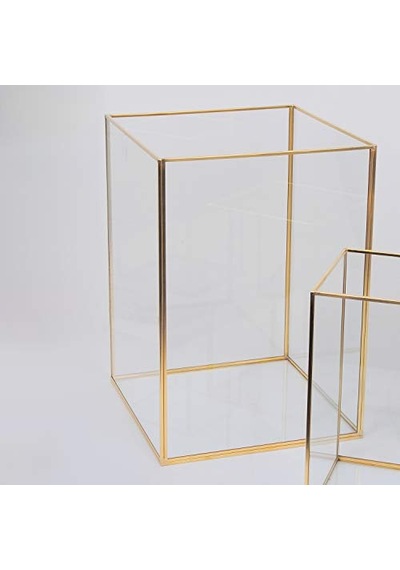 Mumluk Cam Pirinç Gold Fanus Teraryum Geometrik Yapımı Dekoratif 3 Parça Çok Renkli