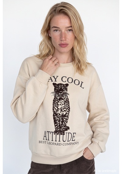 Quzu Baskı Detaylı Sweatshirt Bej