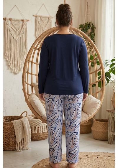 Siyah İnci Desenli Büyük Beden Battal Boy Viskon Örme Pijama Takım 26224817 Lacivert