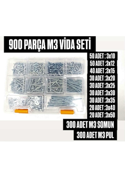 900 Adet Ysb Metrik 3 Vida Somun Pul Seti 3x10/3x12/3x15/3x20/3x25/3x25/3x30/3x35/3x40/3x50 0.3 MM