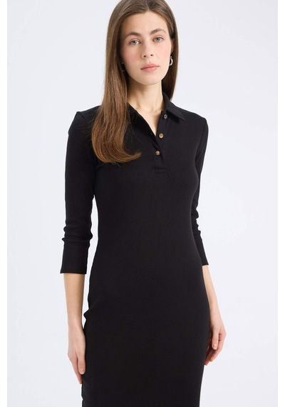 DeFacto Bodycon Vücudu Saran Polo Yaka Basic Düz Fitilli Kaşkorse Yarım Kollu Midi Elbise E2245AX25SPBK81 DeFacto Bodycon Vücudu Saran Polo Yaka Basic Düz Fitilli Kaşkorse Yarım Kollu Midi Elbise E2245AX25SPBK81