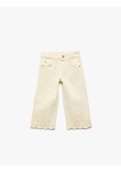 Koton Çiçek Desenli Brodeli Pamuklu Denim Pantolon Bej 5smg40016ad Ekru