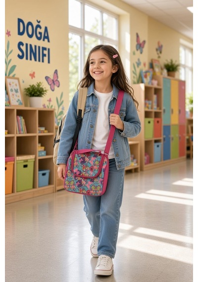 Kelebek Temalı Beslenme Çantası Çocuk Okul Pembe Rengarenk Termal Isı Yalıtımlı 24x22x14 Cm Çok Renkli