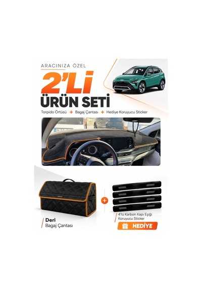 E-biz Hyundai Bayon 2021-2026 Uyumlu Torpido Örtüsü + Deri Çanta - Siyah-kahverengi - Hu012