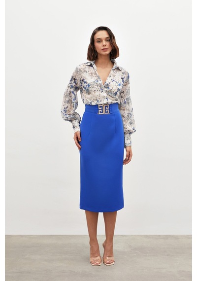 Sateen Aksesuar Detaylı Kalem Etek - Mavi-134845 Mavi