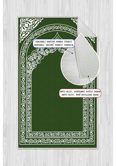 Mihrap Desenli Dijital Baskılı Kaymaz Taban Yıkanabilir Seccade Yeşil
