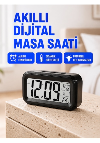 Fotoselli Dijital Masa Saati Aydınlatmalı Alarm Tarih Göstergeli .