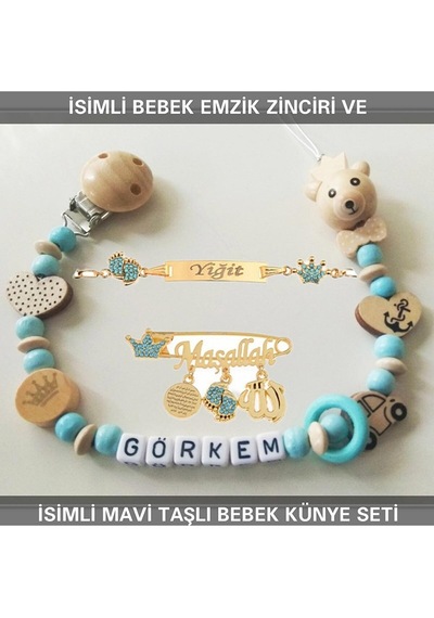 Sahi Aksesuar İsimli Bebek Emzik Zinciri Ve İsimli Bebek Künye Seti Bezyı742 Beyaz - Gri
