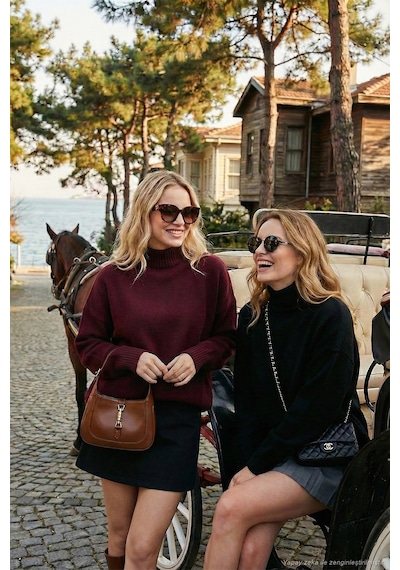 Lela Oversize Fit Balıkçı Yaka Yumuşak Dokulu 2'Li Paket Triko Bayan Kazak 680Kz00469S2 Bordo-Siyah