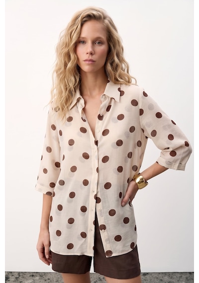 Sateen Puantiye Desenli Gömlek - Bej-137749