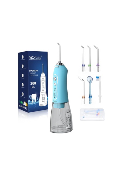 Şarjlı Kablosuz Ağız Duşu, Hızlı Ve Etkili Diş Arası Temizliği 300 Ml Su Hazneli, 5 Modlu, 6 Başlıklı, Ipx7 Su Geçirmez, Diş Taşı Temizliği Gök Mavi