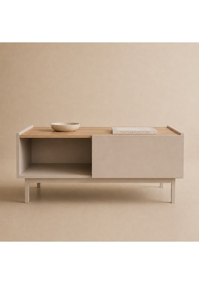 The Voguemaxima Luvera Kayın Ahşap Ayaklı Çekmeceli Raflı Orta Sehpa 93,6 60 40 Cm Bej