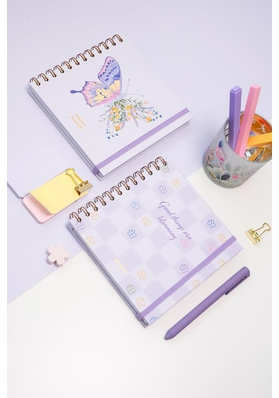15x15 Cm Kare 2'li Set Spiralli Süresiz Planlayıcı Ajanda Ve Defter Mor