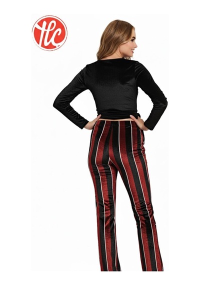Gd Goldoremi 89-519 Kadın Kadife Yandan Bağlamalı Çizgili Uzun Kollu Pijama Takım Bordo
