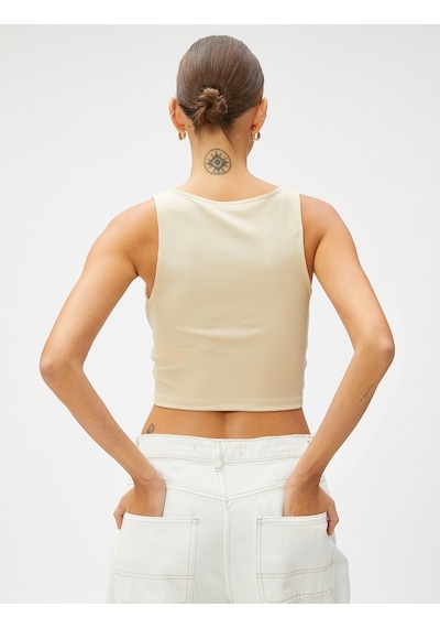 Koton Crop Fitilli Atlet Düğüm Detaylı Bisiklet Yaka Bej 3sal30068ık Ekru